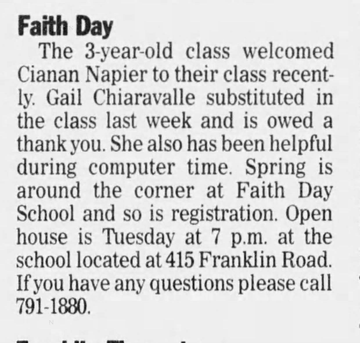 February 26, 1999: Faith Day School thanks Gail Chiaravalle for substituting in the 3-year-old class